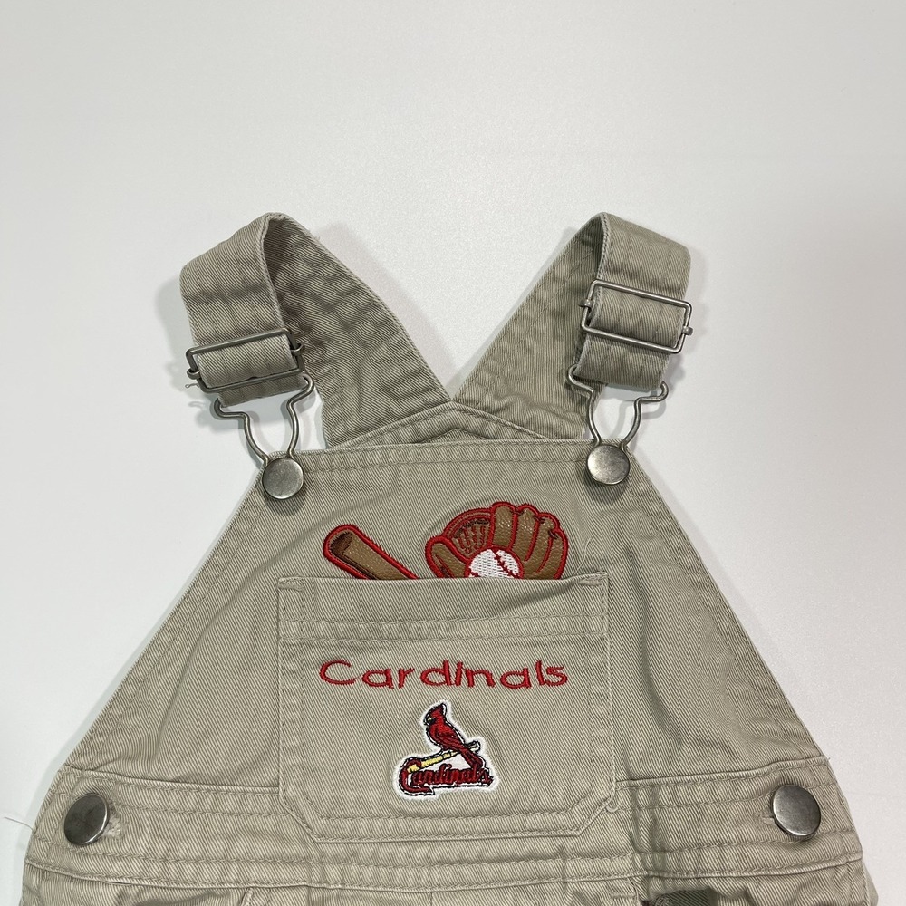 Vintage Cardinals MLB Embroidered Cargo Khaki Baby Toddler Overalls 3/6 Months - Picture 3 of 6